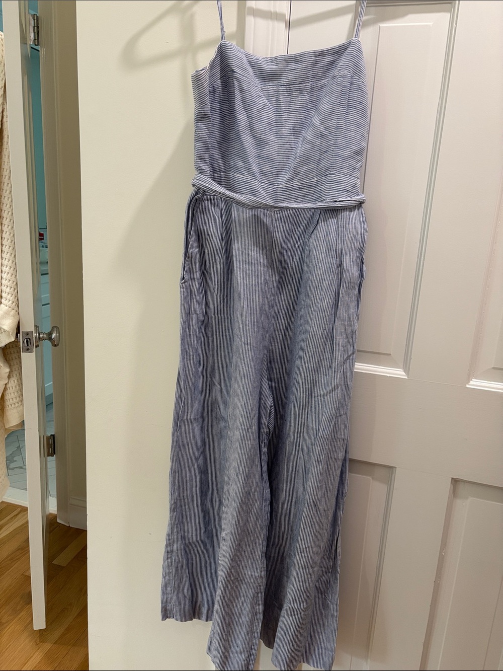 J. Crew Blue Pinstripe Wide-Leg Jumpsuit